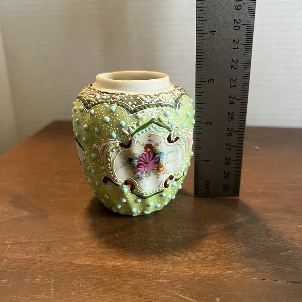 Antique Nippon Moriage Vase Hand Painted Floral Celadon Green Porcelain 3.25